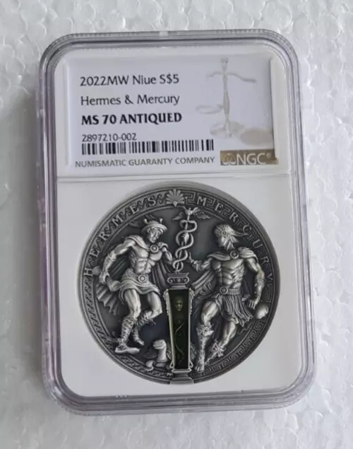 2022 Niue 2 oz Silver Antique Hermes and Mercury Ancient Gods NGC MS70
