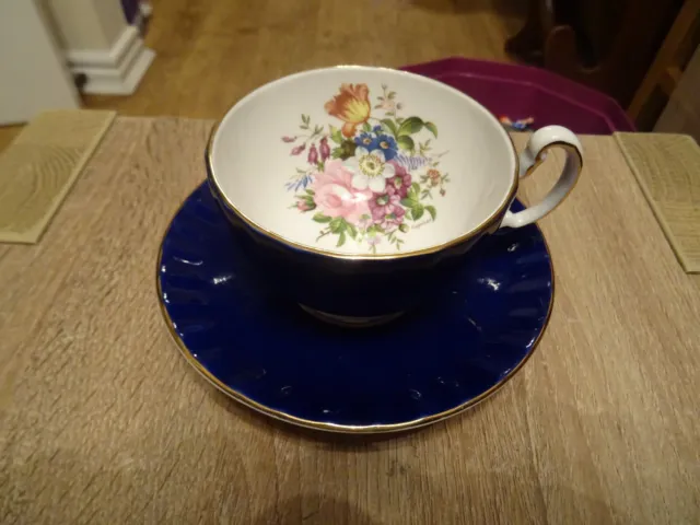 VINTAGE AYNSLEY BONE CHINA CUP & SAUCER  Cobalt Blue & Gold ROSE DESIGN