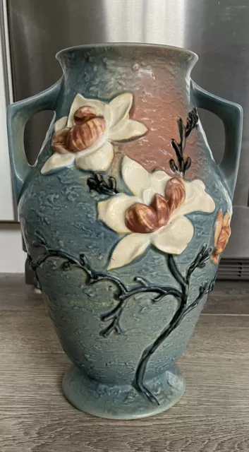 Fabulous Mid-Century 1943 Roseville Pottery 97-14 Blue Magnolia Floor Vase