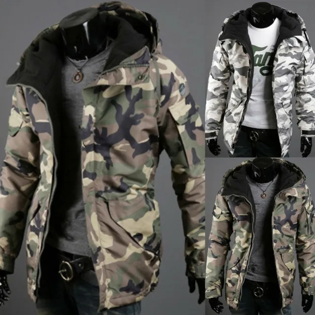 Mens Winter Cycling Camouflage Jacket Windproof Coat Plus Fleece Tops Outwear