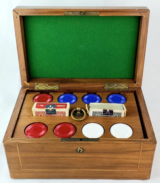 Vintage inlaid wood poker chip case with caddy, 216 plastic chips, 2 Arrco decks