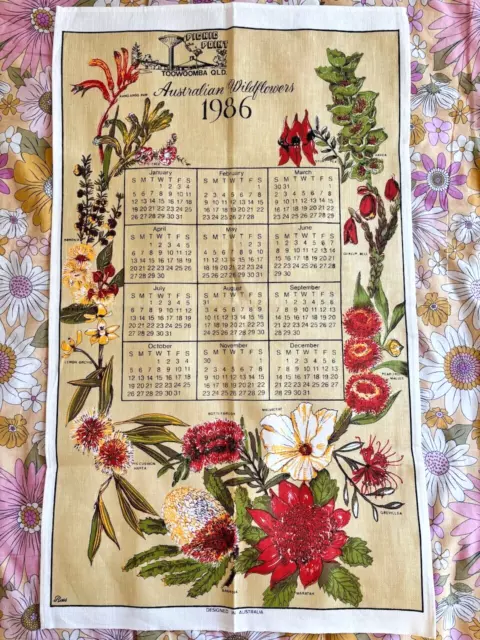 Vintage LINEN & Cotton Tea Towel Australian Wildflowers 1986 Calendar Unused