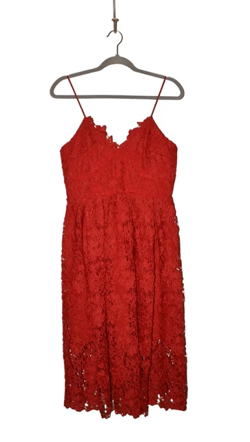 DONNA MORGAN FOR ANTHROPOLOGIE $228 Sleeveless Lace Midi Dress in Red Size 12