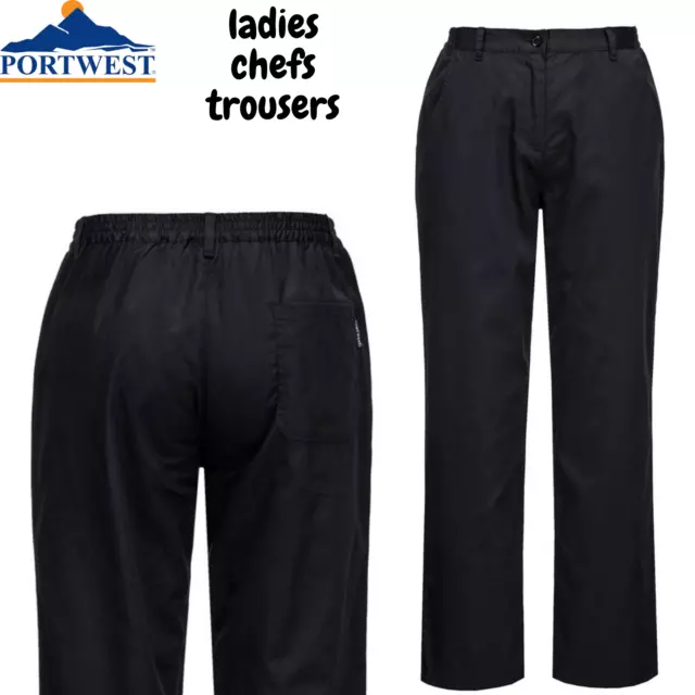 Portwest Women's Rachel Chef Trousers Pants Ladies Hospitality Workwear - Black