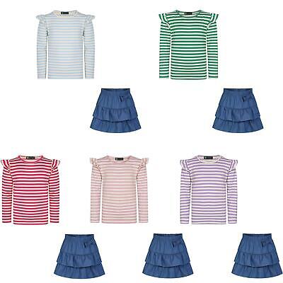 Girls Stripe Long Sleeve Top Layered Tiered Denim Look Skirt Kids Outfit 3-14 Y