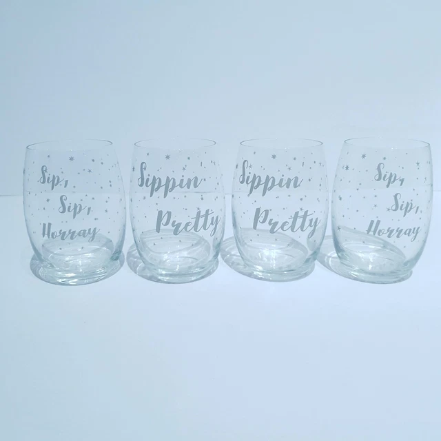 Set Of Four Oval Glass Tumblers With Quotes