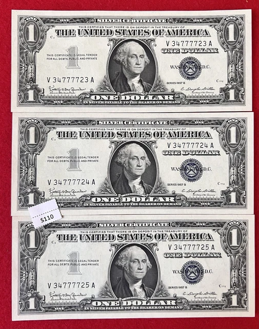 💥WOW💥 Lot Of (3) 1957B Consecutive $1 Silver Cert Blue Seal GEM CU Notes. S110