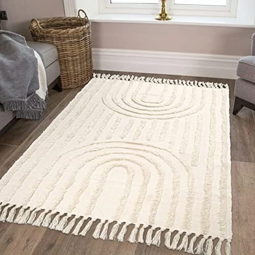 Boho Rainbow Area Rug Floor Carpet 4x6 ft, Farmhouse Rugs 4'x6' Beige Rainbow