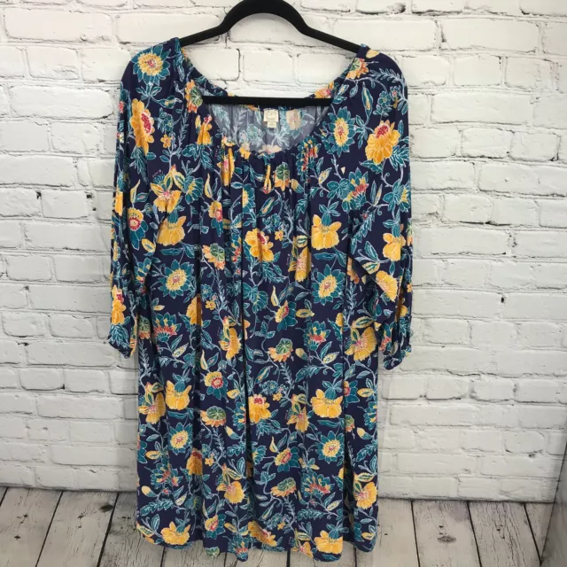 LOFT Women Dress Extra Large Blue Floral Shift Knee Length 3/4 Sleeve Casual