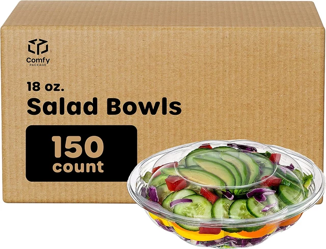 [Bulk Case of 3/50 Sets] 18 Oz. Clear Plastic Salad Bowls to Go with Airtight Li