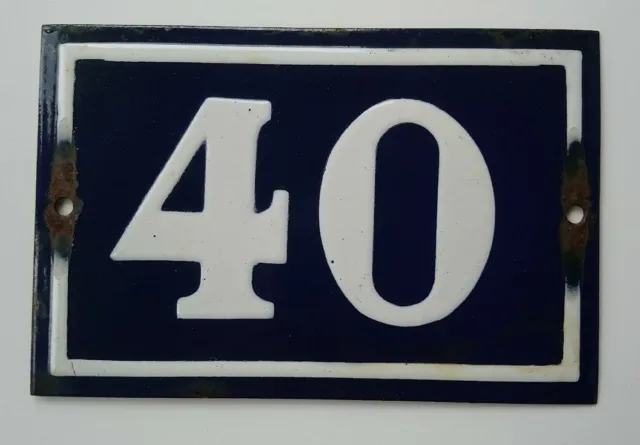 French Vintage Blue Enamel Sign Metal House Number 40 Door Plaque 15cm wide 10cm