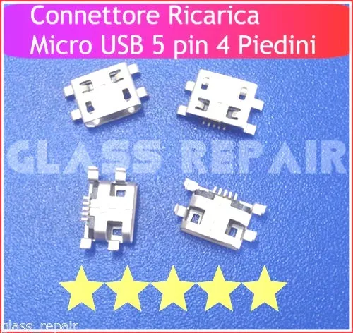 CONNETTORE RICARICA Micro USB 5 PIN 0.8 mm Tipo B 4 FISSAGGI x TABLET SMARTPHONE