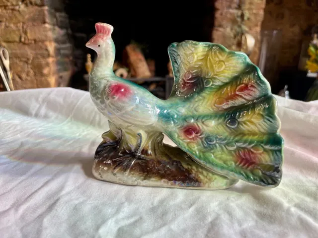Iridescent Lustrous Vintage Hand Painted Ceramic Peacock Figurine