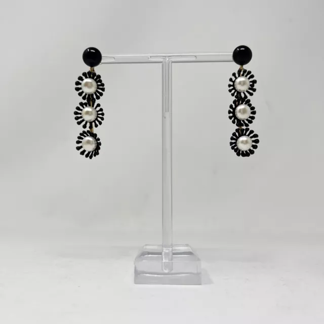 Rachel Comey Rees Floral Flower Enamel Pearl Hang Drop Statement Earrings Black