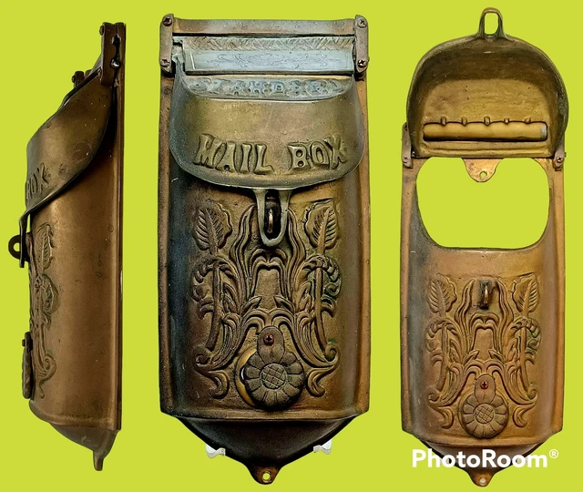 Antique BRASS Wall Mount STANDARD MAIL BOX ~ ART NOUVEAU Cast FLORALS & PEEPHOLE