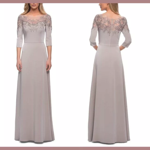 NEW $469 La Femme [ 4 ] Embroidered Illusion Neck Bateau A-line Gown Silver Q498