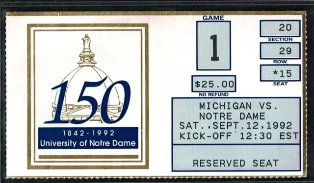 1992 College Football Ticket Notre Dame Michigan "17-17 Tie" Jerome Bettis Td