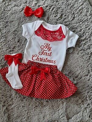 My First Christmas Red White Polka Dot Set Skirt Top Hair Bow Socks Lace Romany