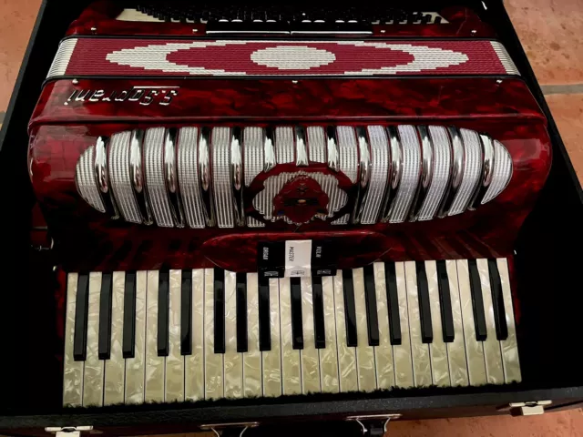 S Soprani  Eye Of Sauron Cherry Red And Black Accordian w Case Italy