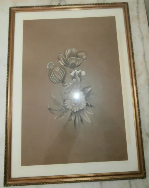 Antico acquerello e matita Mazzo di fiori su carta 48x34 cm Con cornice Firmato