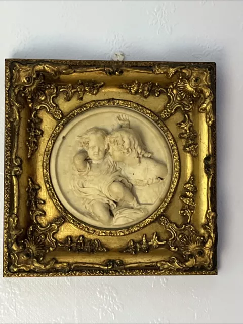 3D Plaque Mother Child Cherub Ornate Gilded Frame Antique Marble Effect Resin