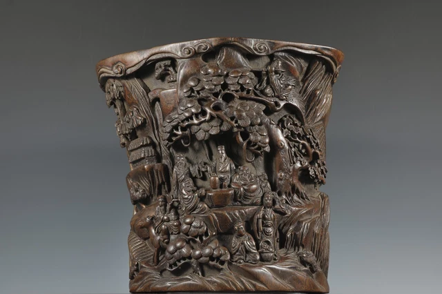 Fine Chinese Qing Dynasty Eaglewood Carved Eight Immortals Landscape Brush Pot