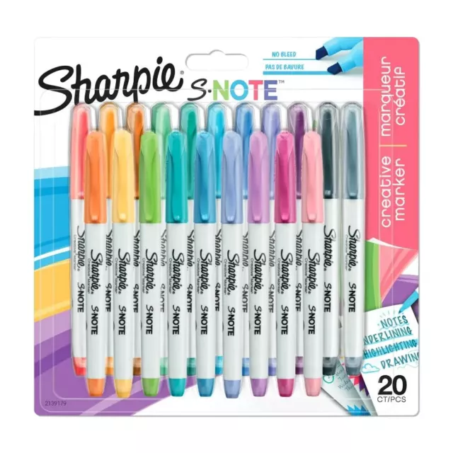 Sharpie Permanent Marker Pens Set Coloured Chisel Tip Pack x20 Broad Fine S Note