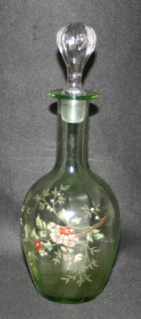 ancienne carafe Legras verre soufflé émaillé verte décors de fleurs fin XIX ème