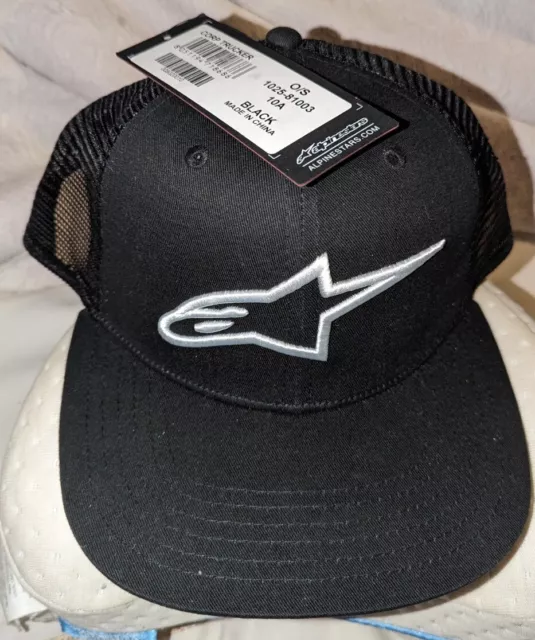 New Alpinestars Men's Black Corp Trucker Flat Bill Mesh Snap Back Cap Hat