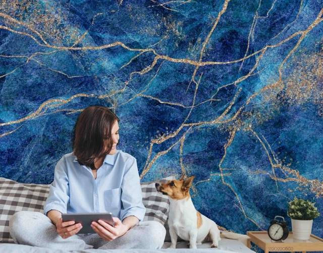 3D BLUE GOLD Marble Texture Selfadhesive Removable Wallpaper Mural