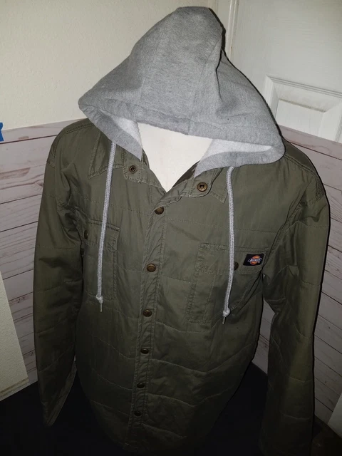 🆕 Dickies Jacket Hoodie Hooded Coat Olive Green Quilted Snaps Lined Work Sz XL