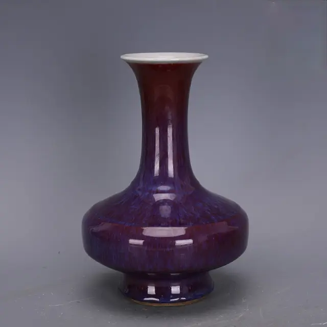 11" Good Chinese Jingdezhen Fambe Red Flower Glaze Porcelain Flat Vases