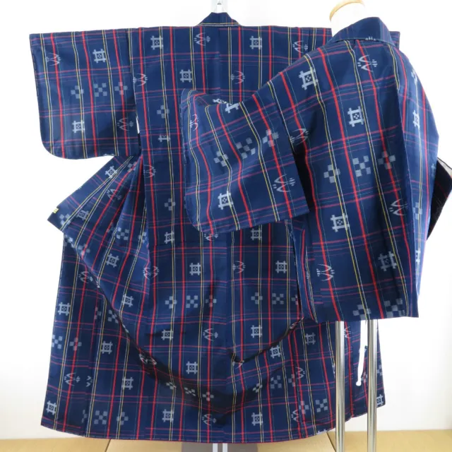 Tsumugi kimono Ansemble Silk Grid pattern blue 60.6inch Women's