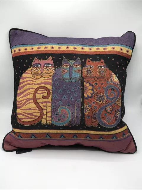 Laurel Burch Purple Burgundy Cats Cat Tapestry Black Velvet Throw Pillow 18"x18"