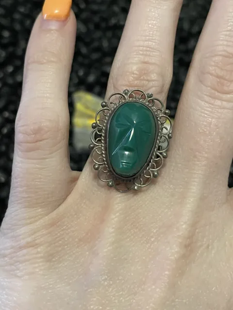 Mexico Sterling Silver Carved Green Onyx Aztec Mayan Face Ring🌵Size 6