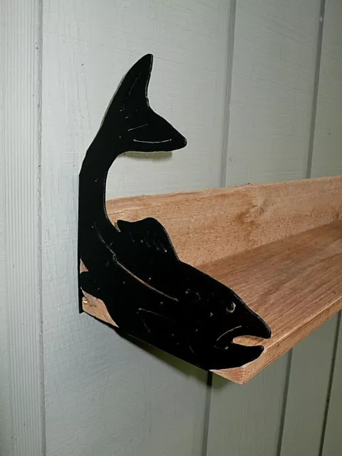 BARN WOOD shelf of Reclaimed ROUGH CUT CEDAR w/ TROUT / SALMON metal endcaps 47" 3