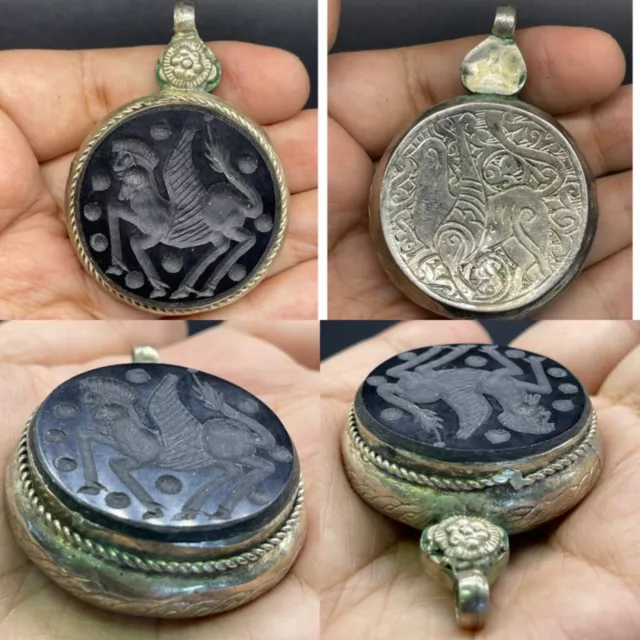 Wonderful Old Near Eastern Silver Agate Stone  Intaglio Lovely Pendant