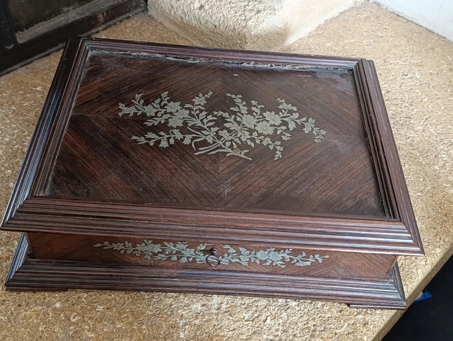 Coffret à Bijoux Ancien 3 Tiroirs En Bois Incrusté De Nacre - Occasion Bon état