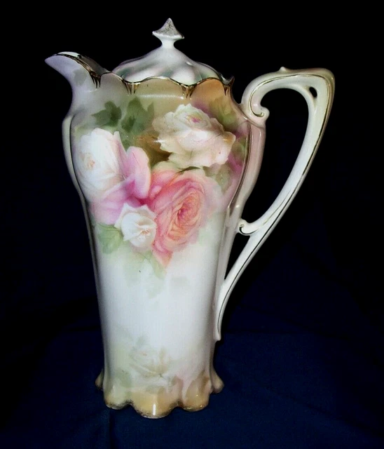 Classy R S Prussia Multicolor Rose Deco. Chocolate Pot, Fancy Handle, Red Mark