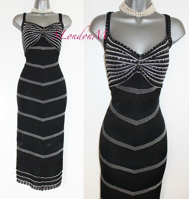 KAREN MILLEN Black Silver Zig Zag Crochet Frill Hem Midi Dress KM 3  UK 10 12