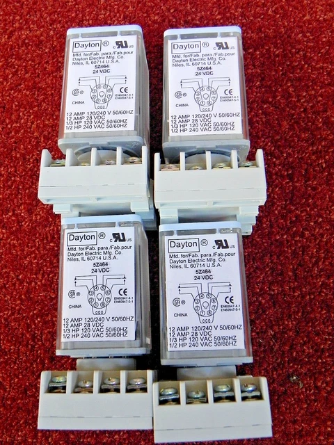 4 Ea Dayton 24Vdc Plug-In Relay 5Z464, 8-Pin  12Amp 120/240V +Dayton 5X852M Base