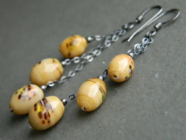 Vintage MURANO Caramel Oval End of Day Glass Beads, Oxidised 925 Silver Earrings