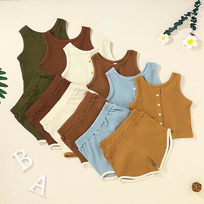 Newborn Baby Boys Girls Summer Ribbed Outfits Solid Button Vest Tops Shorts 2Set