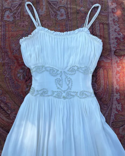 Vintage 1930s Dress Crepe Chiffon Gown Wedding Metallic Soutache Ruched 1940s
