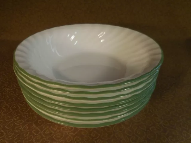 8 Corelle Corning Chutney White Swirl w Green Rim Soup Bowls 7 1/4" NICE