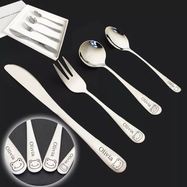 Personalised Kids Cutlery Stainless Flatware 4pcs Set Birthday Christening Gifts