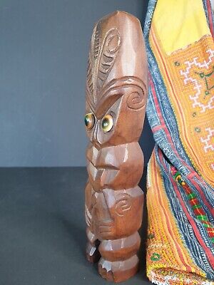 Old New Zealand Carved Wooden Tiki with Green Cat Eye Shell Eyes …beautiful 3