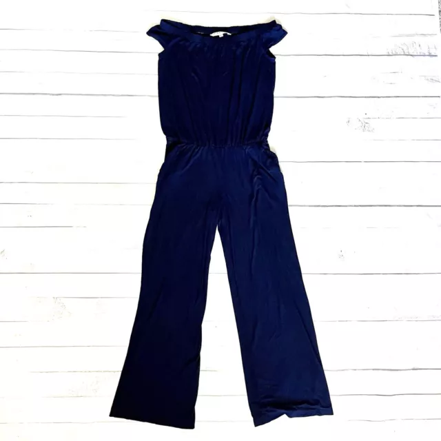 Trina Turk Annalisa Jumpsuit Navy Blue Womens Size XS Jersey Knit off shoulder