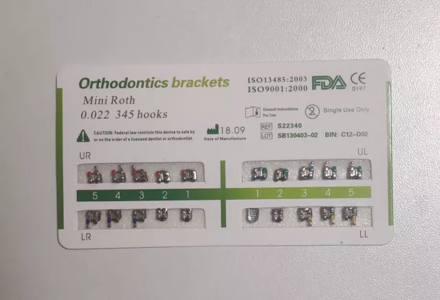 Juego de 100 aparatos de ortodoncia dental soporte de metal mini Roth 022 345 ganchos base de malla 2