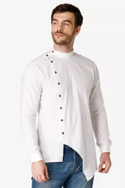 100% algodón indio camisa de hombre Kurta color blanco sólido túnica corta...
